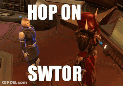 A Video Game Scene With The Words Hop On Swtor GIF
