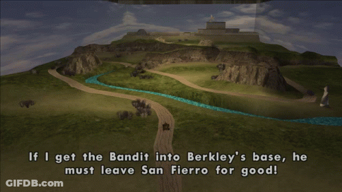 A Video Game Scene With The Words If I Get The Bandit Into Berkley 'S Base GIF