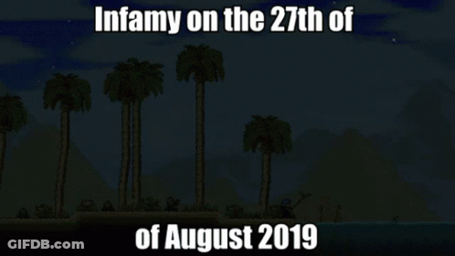 A Video Game Scene With The Words Infamy On The 27Th Of August 2019 At The Bottom GIF