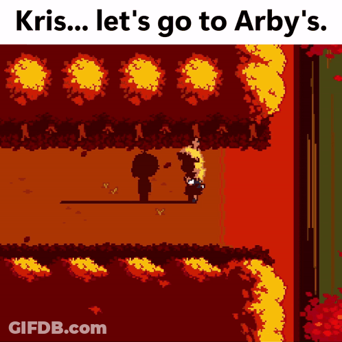 A Video Game Scene With The Words Kris Let 'S Go To Arby 'S On Top GIF