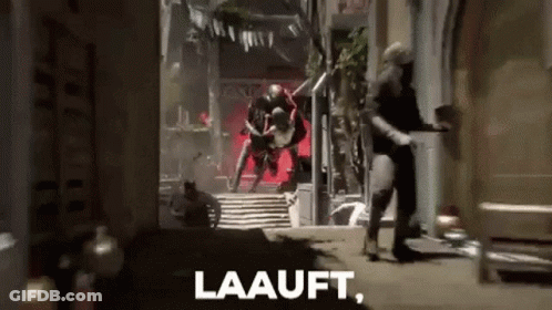 A Video Game Scene With The Words Laauft In The Corner . GIF
