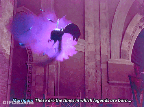 A Video Game Scene With The Words Morrigan These Are The Times In Which Legends Are Born On The Bottom GIF