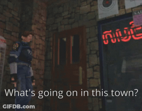 A Video Game Scene With The Words " What 'S Going On In This Town " On The Bottom GIF