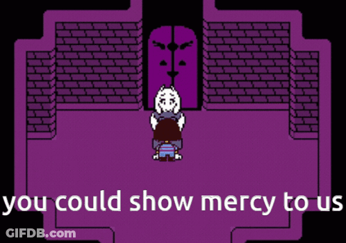 A Video Game Scene With The Words " You Could Show Mercy To Us " At The Bottom GIF