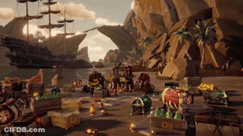 A Video Game Scene With Treasure Chests And A Ship GIF