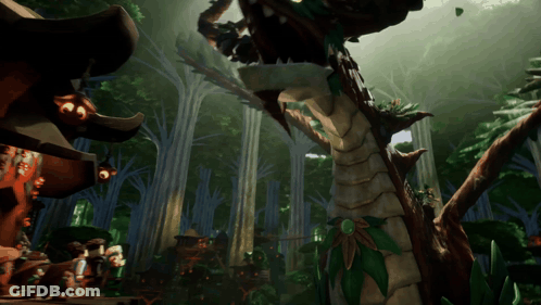 A Video Game Scene With Trees And A Dragon GIF