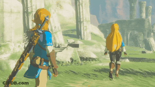 A Video Game Scene With Two Characters Walking In The Grass GIF