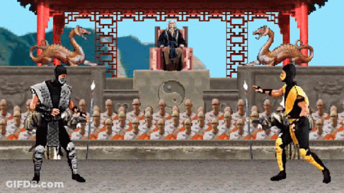 A Video Game Scene With Two Fighters And A King GIF