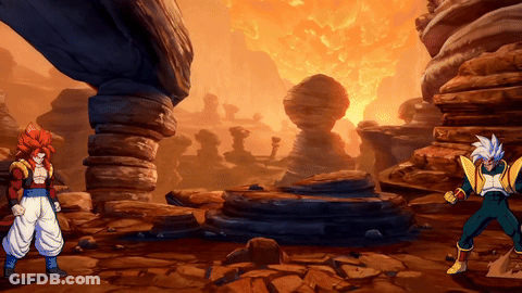 A Video Game Scene With Two Fighters Standing In Front Of A Fire GIF