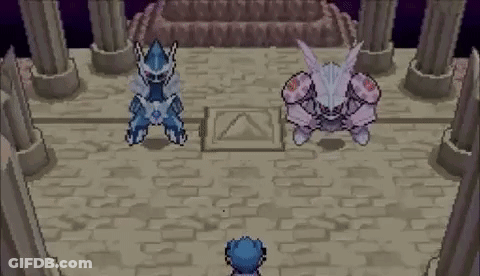 A Video Game Scene With Two Pokemon Standing Next To Each Other In A Room . GIF