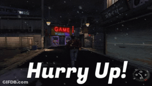 A Video Game Screen Says Hurry Up In White GIF