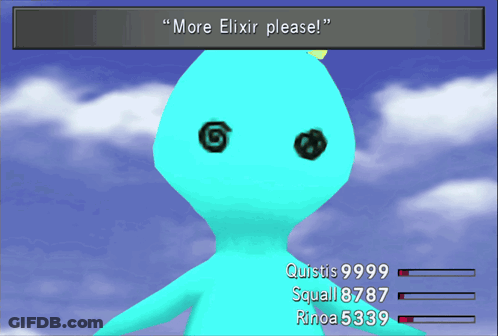 A Video Game Screen Says " More Elixir Please " And Shows A Blue Monster GIF