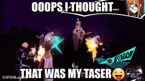 A Video Game Screen Says Oops I Thought That Was My Taser GIF