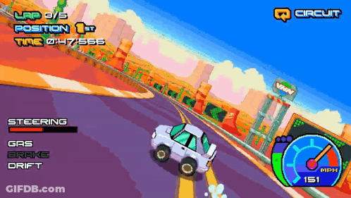 A Video Game Screen Shows A Car Driving Down A Road And Says Lap 3/5 Position 1St GIF