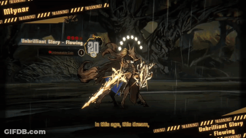 A Video Game Screen Shows A Character Named Mlynar And Says Warning Unbrilliant Glory Flowing GIF