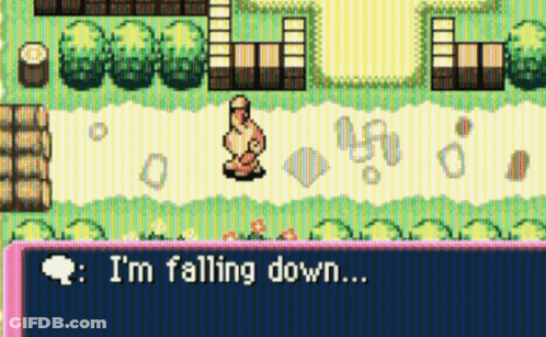 A Video Game Screen Shows A Character Saying I 'M Falling Down .. GIF