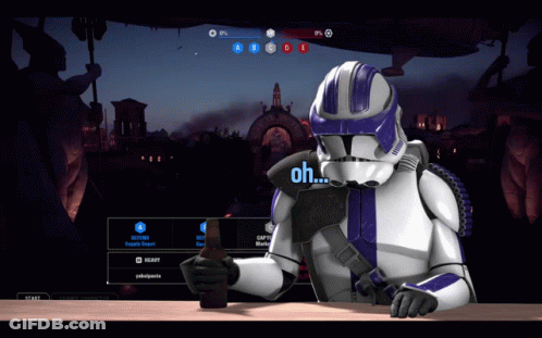 A Video Game Screen Shows A Clone Trooper Holding A Bottle Of Beer And Saying Oh GIF