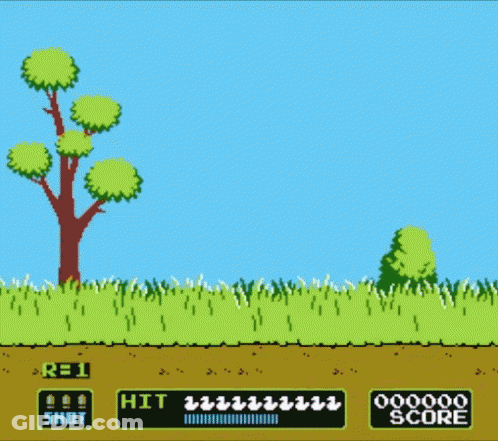 A Video Game Screen Shows A Dog Standing In A Grassy Field With A Tree In The Background And A Score Of 000000 GIF