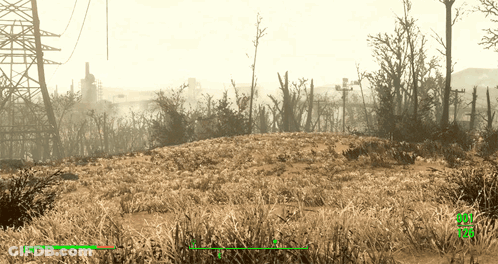 A Video Game Screen Shows A Field With A Few Trees And A Few Buildings In The Distance GIF