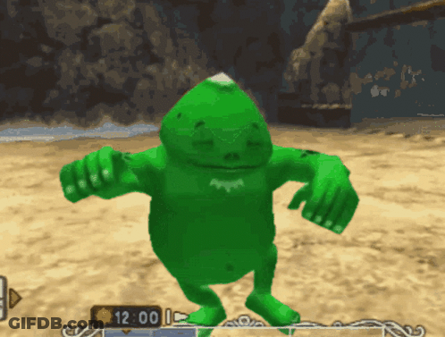 A Video Game Screen Shows A Green Monster Dancing And The Time 12:00 GIF