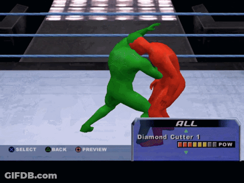 A Video Game Screen Shows A Green Wrestler And A Red Wrestler Fighting GIF