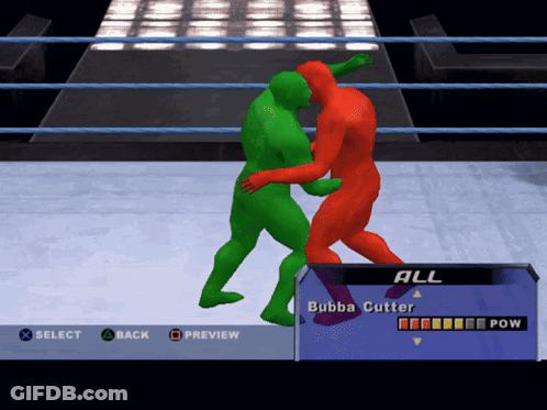 A Video Game Screen Shows A Green Wrestler And A Red Wrestler Fighting GIF