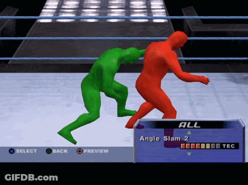 A Video Game Screen Shows A Green Wrestler And A Red Wrestler In A Ring GIF