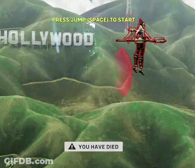 A Video Game Screen Shows A Hollywood Sign And A Warning That The Player Has Died GIF