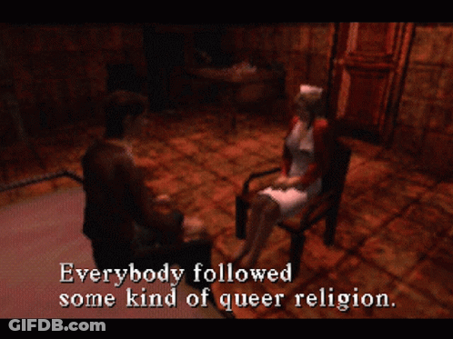 A Video Game Screen Shows A Man And A Woman Talking About Weird Occult Stuff And Black Magic GIF