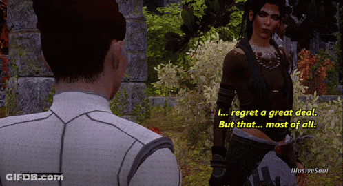 A Video Game Screen Shows A Man And A Woman Talking And The Woman Says " I Regret A Great Deal " GIF