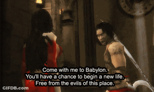 A Video Game Screen Shows A Man And A Woman Talking To Each Other And The Words Come With Me To Babylon GIF