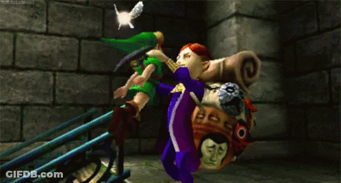 A Video Game Screen Shows A Man Carrying A Mask And A Bird Flying Overhead GIF