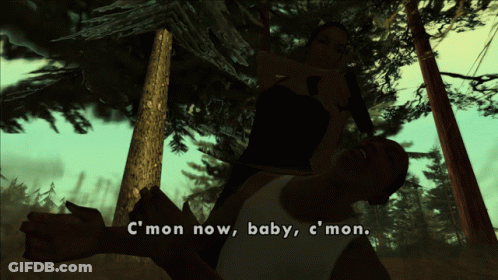 A Video Game Screen Shows A Man Carrying A Woman On His Shoulders And The Words C Mon Now Baby C ' Mon GIF