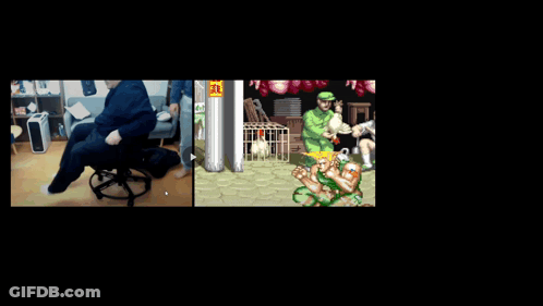 A Video Game Screen Shows A Man Doing A Handstand And A Chicken In A Cage GIF