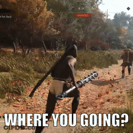 A Video Game Screen Shows A Man Holding A Sword And The Words " Where You Going " GIF