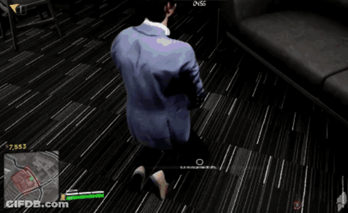 A Video Game Screen Shows A Man In A Suit Kneeling Down In Front Of A Screen That Says  04:56 GIF