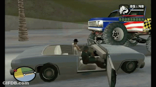 A Video Game Screen Shows A Man Sitting In A Car Next To A Truck That Says $ 00B30b4 GIF