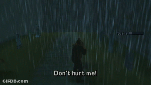 A Video Game Screen Shows A Man Standing In The Rain And Says " Don T Hurt Me " GIF