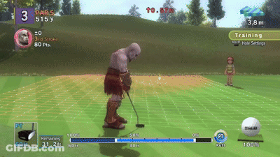 A Video Game Screen Shows A Man Swinging A Golf Club On A Green GIF