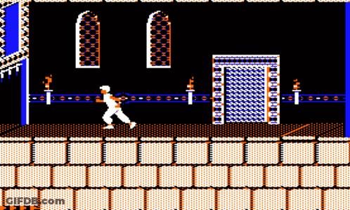A Video Game Screen Shows A Man Walking In Front Of A Gate GIF