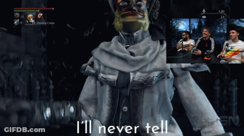 A Video Game Screen Shows A Man With A Beard And The Words " I 'Ll Never Tell " GIF