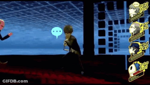 A Video Game Screen Shows A Man With A Mask Talking To A Woman GIF