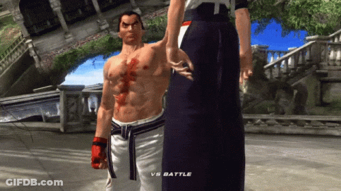 A Video Game Screen Shows A Man With Blood On His Chest And The Words " Vs Battle " GIF