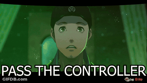 A Video Game Screen Shows A Man With The Words Pass The Controller Below Him GIF
