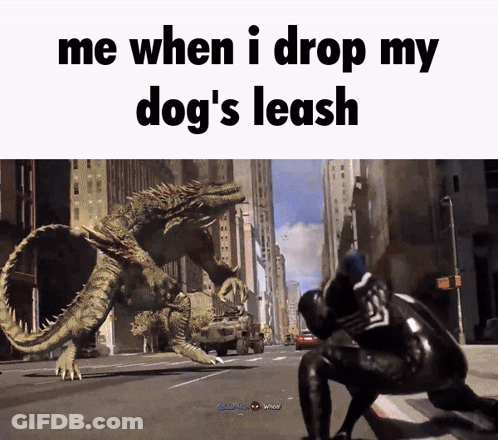 A Video Game Screen Shows A Monster And Says Me When I Drop My Dog 'S Leash At The Bottom GIF