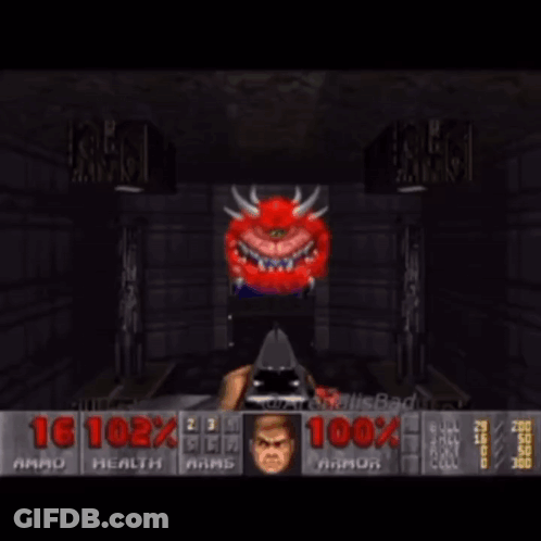 A Video Game Screen Shows A Monster With Horns And A Score Of 16 102 % GIF