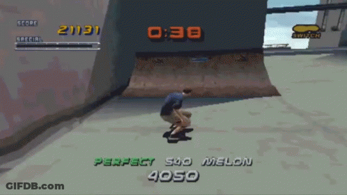 A Video Game Screen Shows A Person Riding A Skateboard And Says Perfect 500 Melon GIF