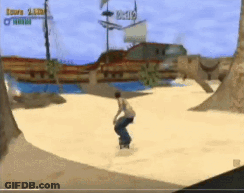 A Video Game Screen Shows A Person Riding A Skateboard On A Sandy Beach GIF
