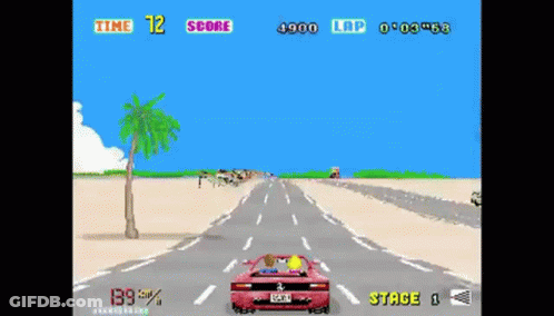 A Video Game Screen Shows A Red Car Driving Down A Desert Road GIF