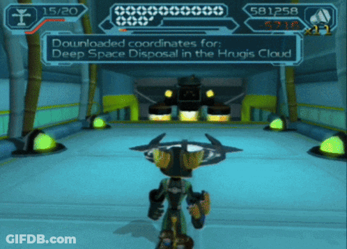 A Video Game Screen Shows A Robot And The Words Downloaded Coordinates For Deep Space Disposal In The Huggis Cloud GIF